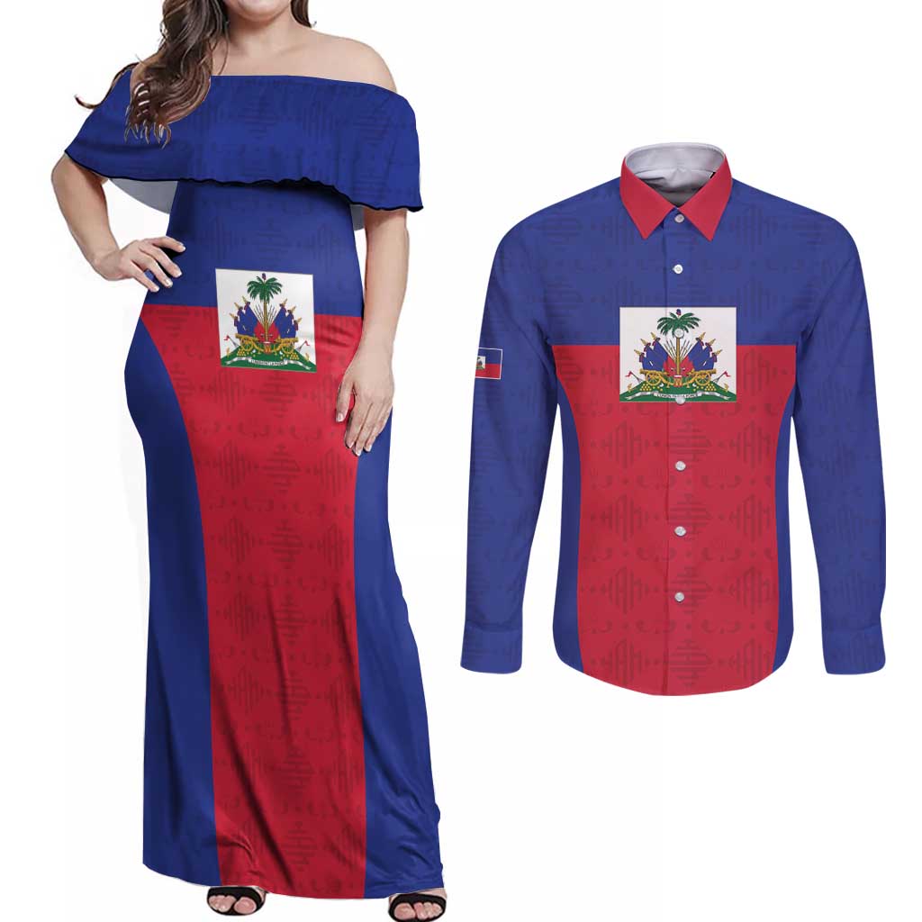 Custom Haiti Football Couples Matching Off Shoulder Maxi Dress and Long Sleeve Button Shirt Les Grenadiers 2026 Back to the World Cup - Wonder Print Shop