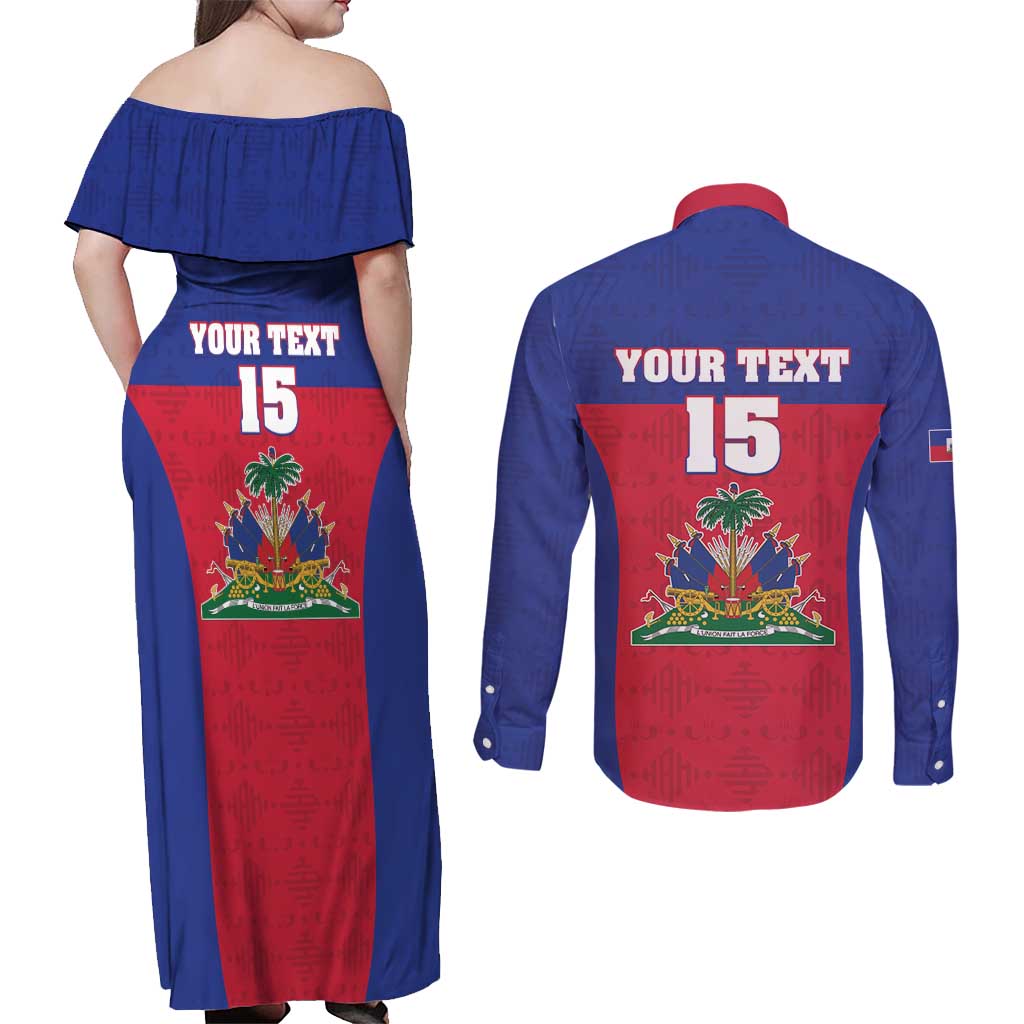 Custom Haiti Football Couples Matching Off Shoulder Maxi Dress and Long Sleeve Button Shirt Les Grenadiers 2026 Back to the World Cup - Wonder Print Shop