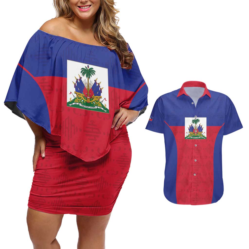 Custom Haiti Football Couples Matching Off Shoulder Short Dress and Hawaiian Shirt Les Grenadiers 2026 Back to the World Cup - Wonder Print Shop