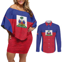 Custom Haiti Football Couples Matching Off Shoulder Short Dress and Long Sleeve Button Shirt Les Grenadiers 2026 Back to the World Cup - Wonder Print Shop