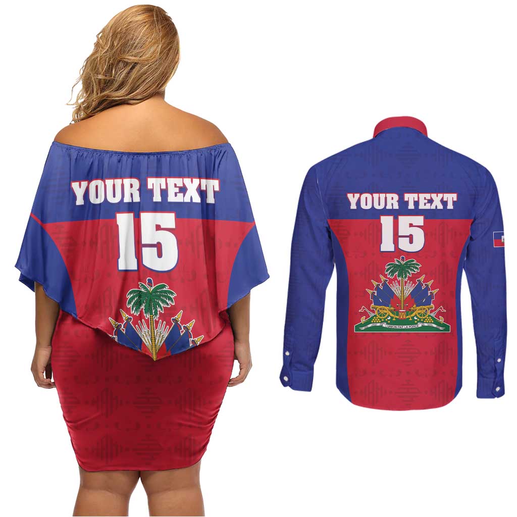 Custom Haiti Football Couples Matching Off Shoulder Short Dress and Long Sleeve Button Shirt Les Grenadiers 2026 Back to the World Cup - Wonder Print Shop