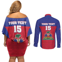 Custom Haiti Football Couples Matching Off Shoulder Short Dress and Long Sleeve Button Shirt Les Grenadiers 2026 Back to the World Cup - Wonder Print Shop