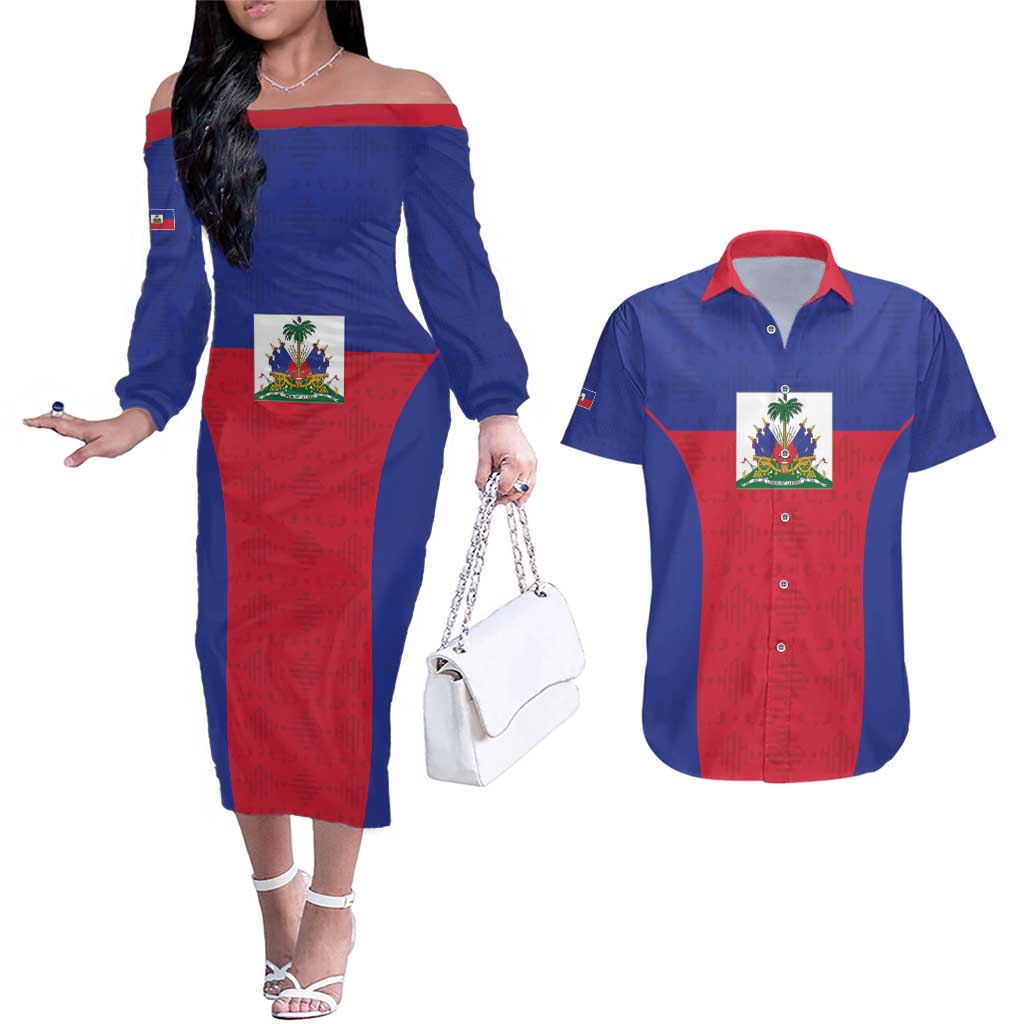 Custom Haiti Football Couples Matching Off The Shoulder Long Sleeve Dress and Hawaiian Shirt Les Grenadiers 2026 Back to the World Cup - Wonder Print Shop