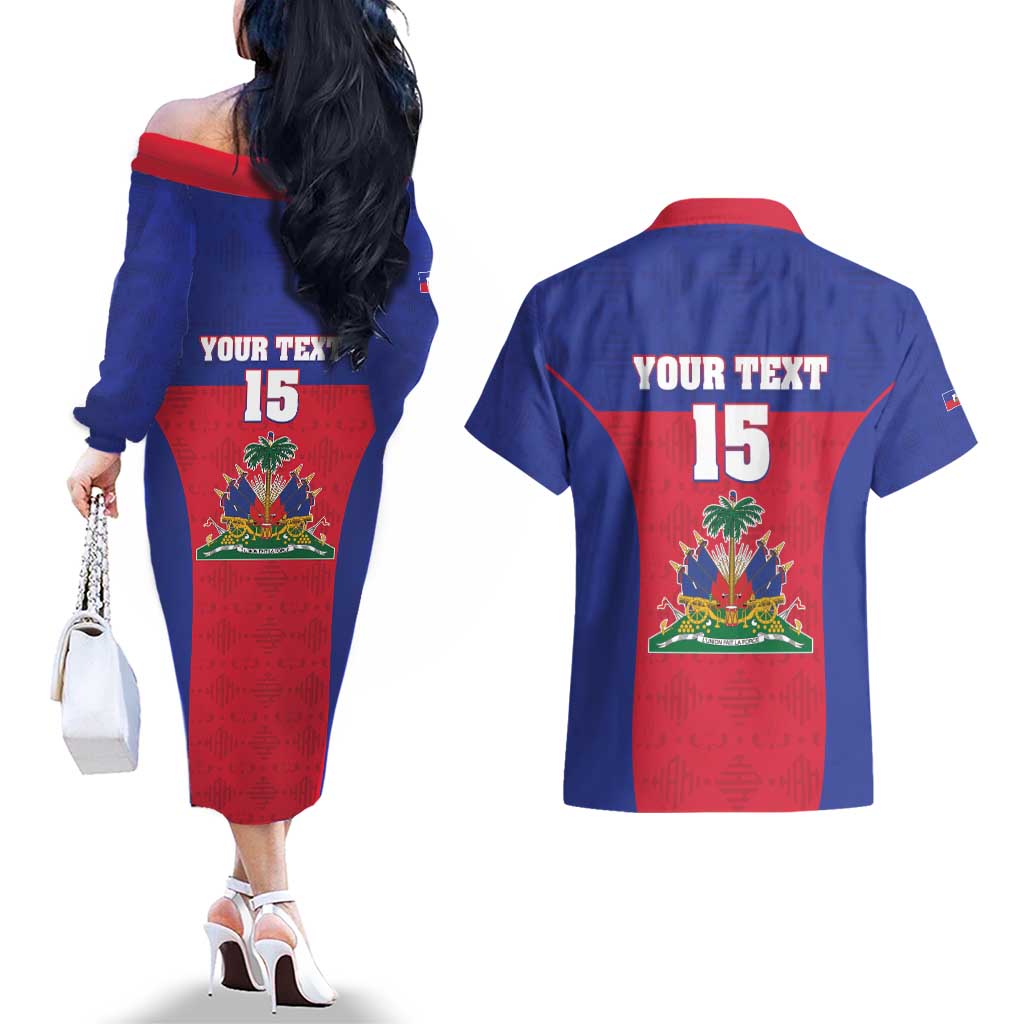 Custom Haiti Football Couples Matching Off The Shoulder Long Sleeve Dress and Hawaiian Shirt Les Grenadiers 2026 Back to the World Cup - Wonder Print Shop