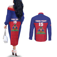 Custom Haiti Football Couples Matching Off The Shoulder Long Sleeve Dress and Long Sleeve Button Shirt Les Grenadiers 2026 Back to the World Cup - Wonder Print Shop