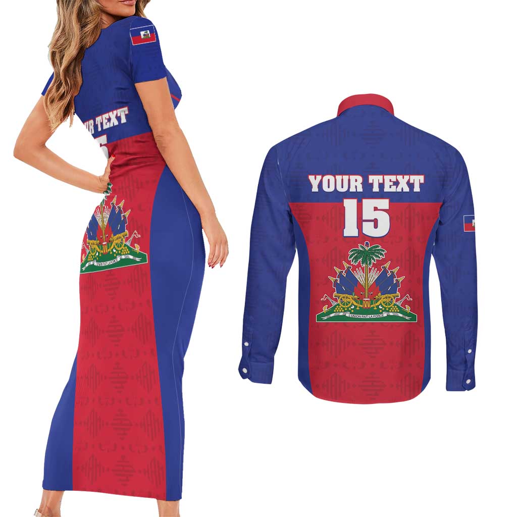 Custom Haiti Football Couples Matching Short Sleeve Bodycon Dress and Long Sleeve Button Shirt Les Grenadiers 2026 Back to the World Cup - Wonder Print Shop