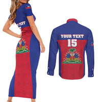 Custom Haiti Football Couples Matching Short Sleeve Bodycon Dress and Long Sleeve Button Shirt Les Grenadiers 2026 Back to the World Cup - Wonder Print Shop