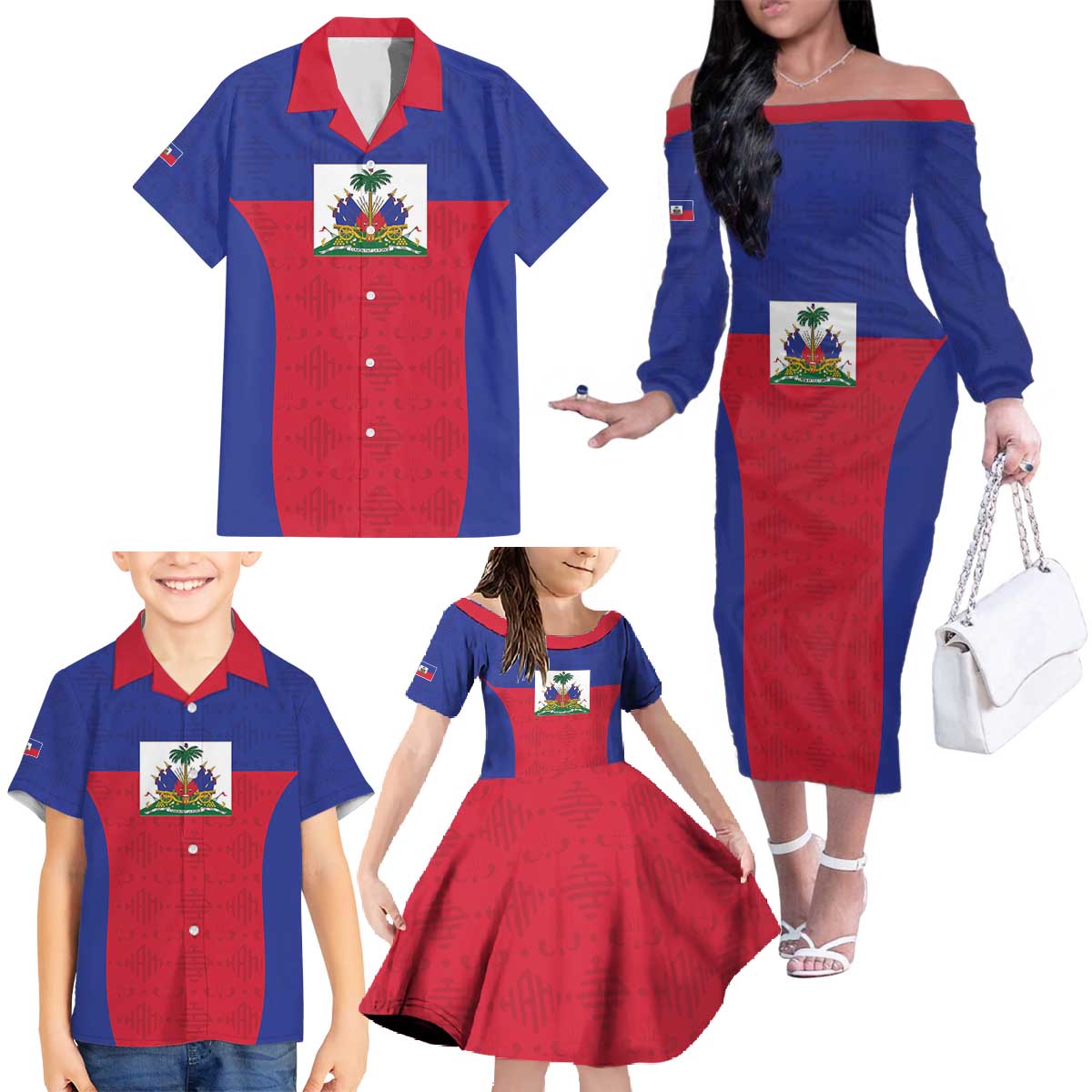 Custom Haiti Football Family Matching Off The Shoulder Long Sleeve Dress and Hawaiian Shirt Les Grenadiers 2026 Back to the World Cup - Wonder Print Shop