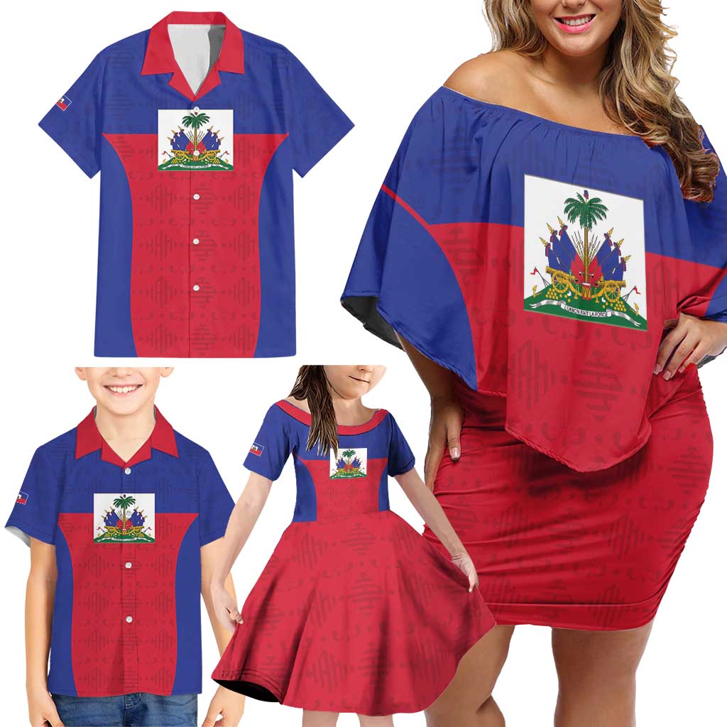 Custom Haiti Football Family Matching Off Shoulder Short Dress and Hawaiian Shirt Les Grenadiers 2026 Back to the World Cup - Wonder Print Shop
