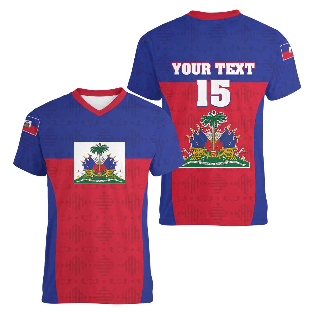 Custom Haiti Football Women V-Neck T-Shirt Les Grenadiers 2026 Back to the World Cup - Wonder Print Shop