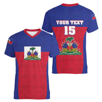 Custom Haiti Football Women V-Neck T-Shirt Les Grenadiers 2026 Back to the World Cup - Wonder Print Shop