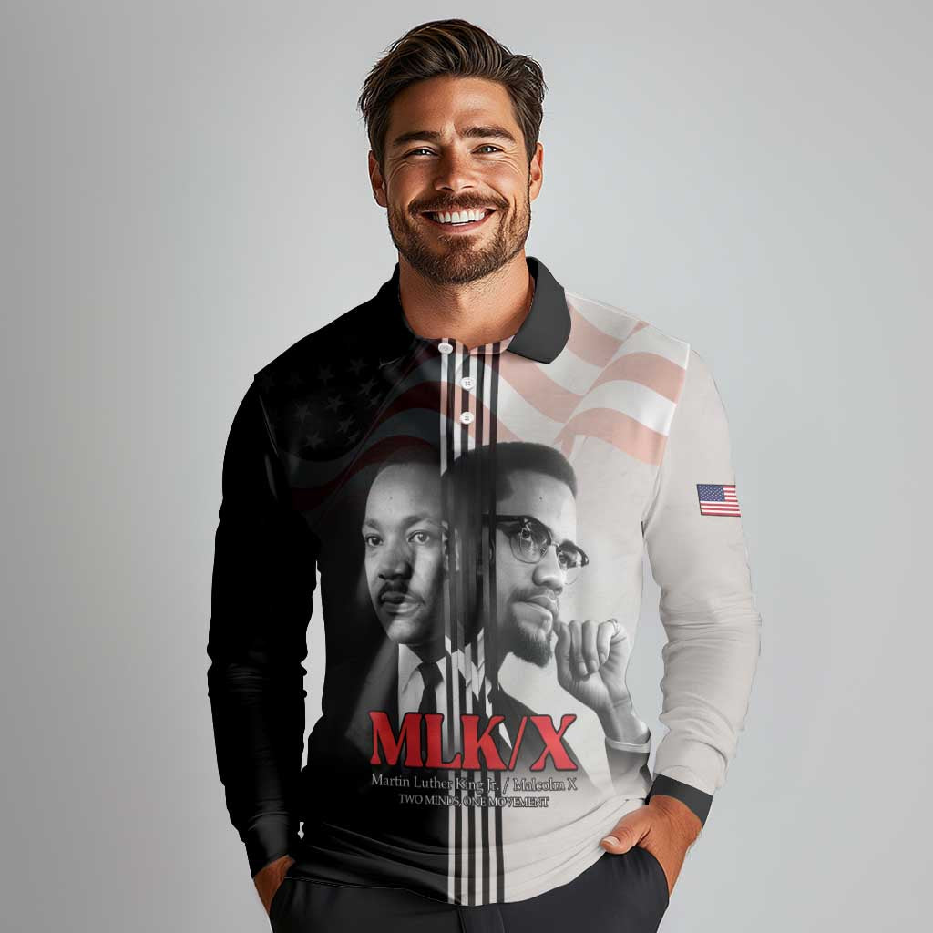 Martin Luther King And Malcolm X Long Sleeve Polo Shirt Two Minds One Movement - Wonder Print Shop