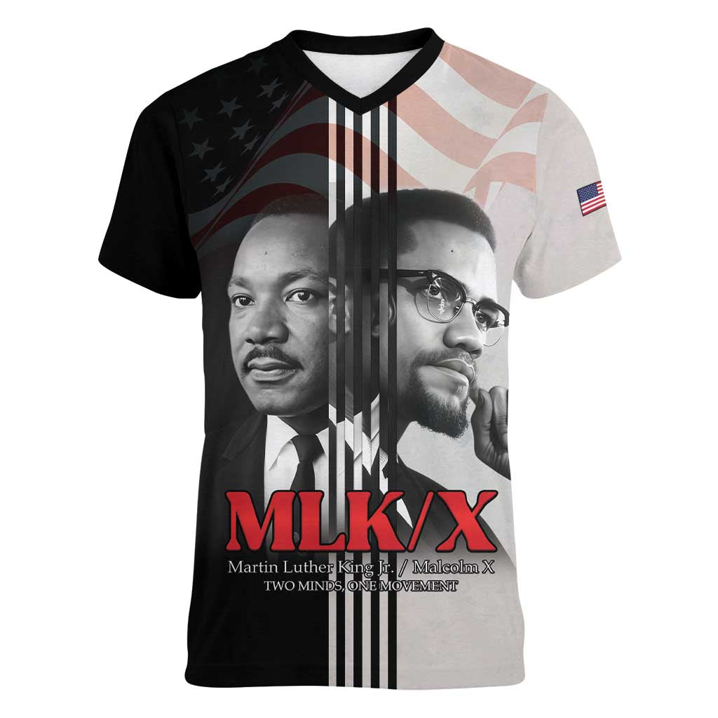 Martin Luther King And Malcolm X Women V-Neck T-Shirt Two Minds One Movement - Wonder Print Shop