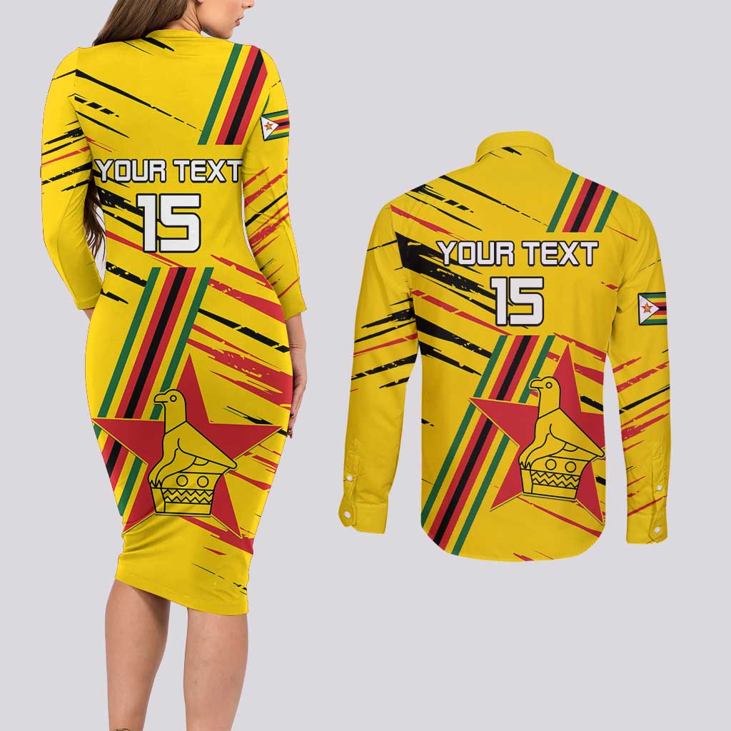 Custom Zimbabwe Football Couples Matching Long Sleeve Bodycon Dress and Long Sleeve Button Shirt Go Warriors