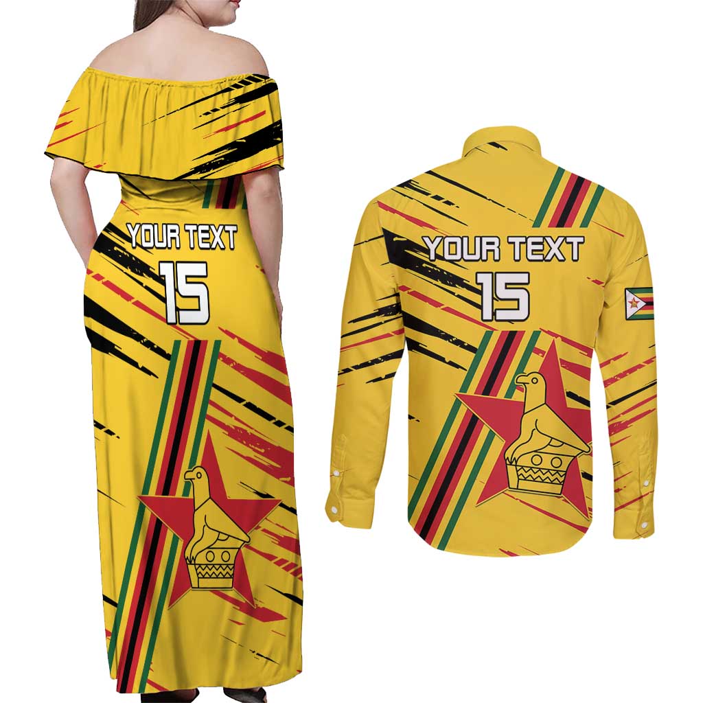 Custom Zimbabwe Football Couples Matching Off Shoulder Maxi Dress and Long Sleeve Button Shirt Go Warriors