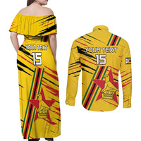 Custom Zimbabwe Football Couples Matching Off Shoulder Maxi Dress and Long Sleeve Button Shirt Go Warriors