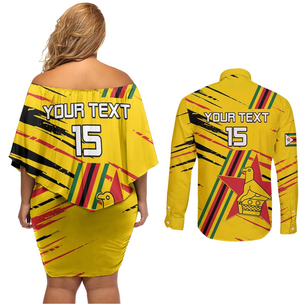 Custom Zimbabwe Football Couples Matching Off Shoulder Short Dress and Long Sleeve Button Shirt Go Warriors