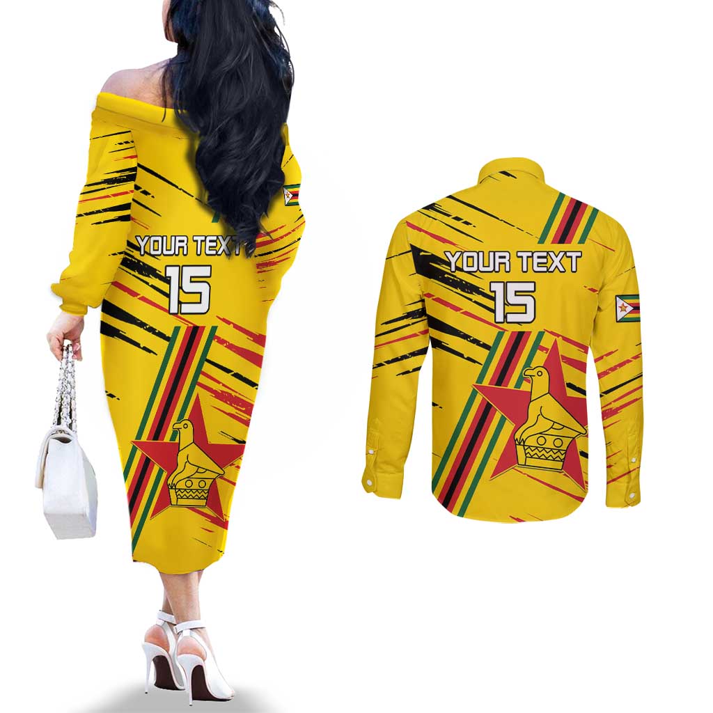 Custom Zimbabwe Football Couples Matching Off The Shoulder Long Sleeve Dress and Long Sleeve Button Shirt Go Warriors