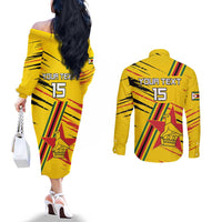 Custom Zimbabwe Football Couples Matching Off The Shoulder Long Sleeve Dress and Long Sleeve Button Shirt Go Warriors