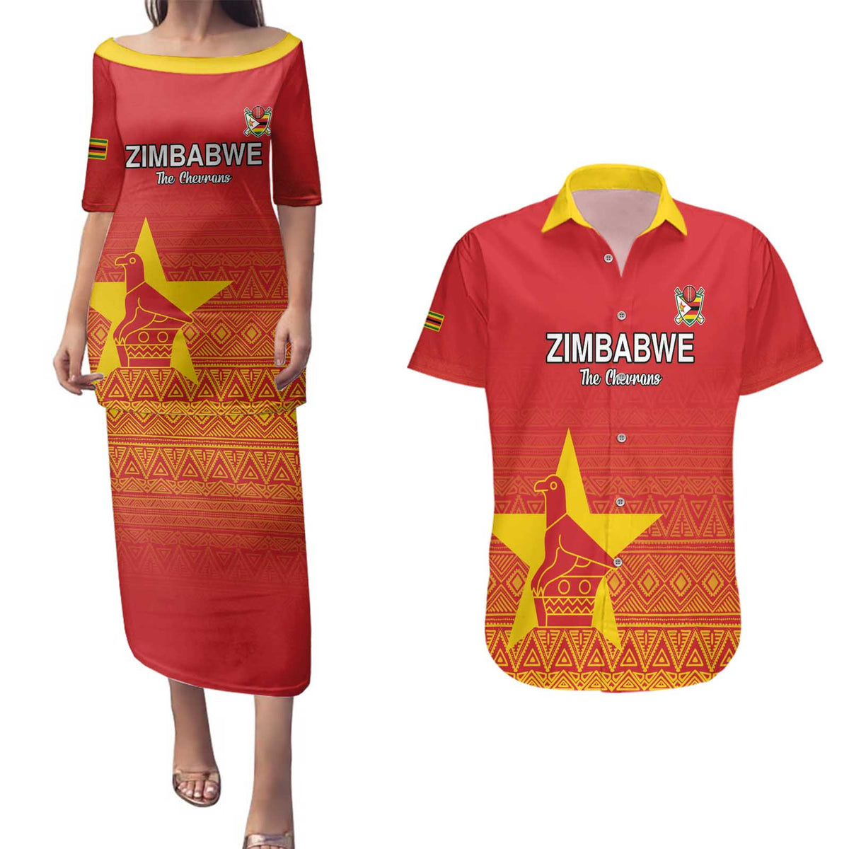 Custom Zimbabwe Cricket Couples Matching Puletasi and Hawaiian Shirt Go Chevrons