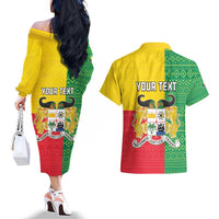 Personalised Benin Couples Matching Off The Shoulder Long Sleeve Dress and Hawaiian Shirt Coat Of Arms Flag Style