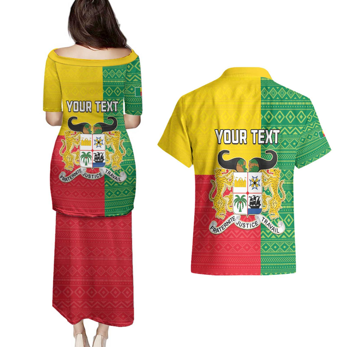 Personalised Benin Couples Matching Puletasi and Hawaiian Shirt Coat Of Arms Flag Style