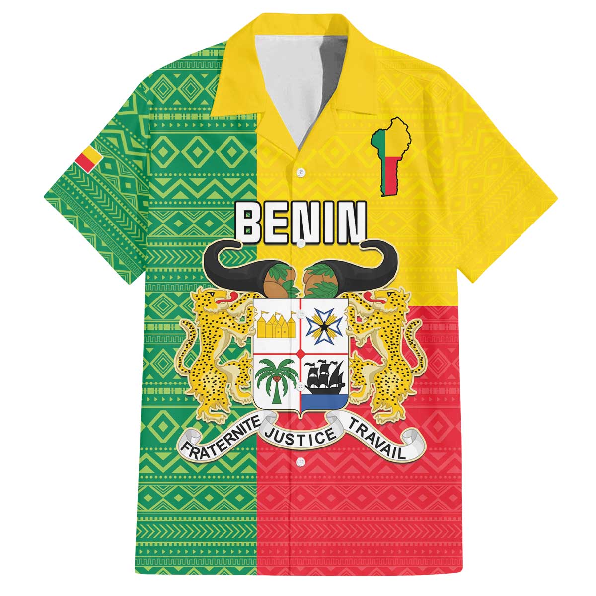 Personalised Benin Family Matching Off The Shoulder Long Sleeve Dress and Hawaiian Shirt Coat Of Arms Flag Style