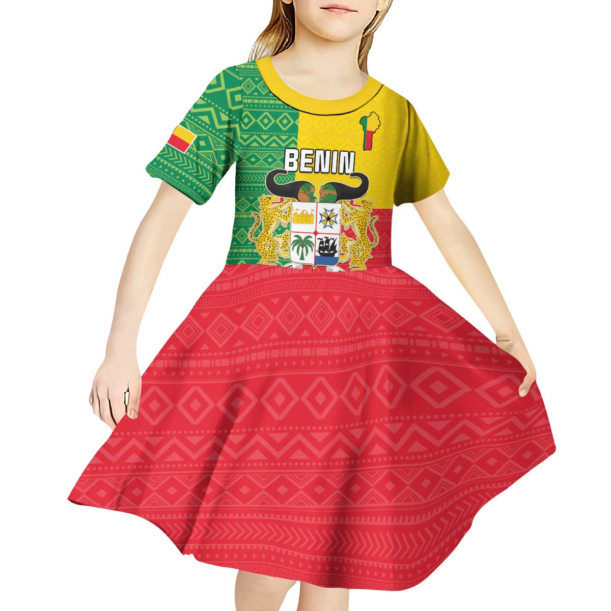 Personalised Benin Kid Short Sleeve Dress Coat Of Arms Flag Style