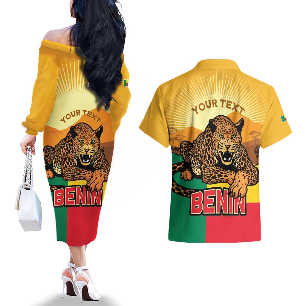 Personalised Benin Leopard Couples Matching Off The Shoulder Long Sleeve Dress and Hawaiian Shirt Stay True - Stay Wild