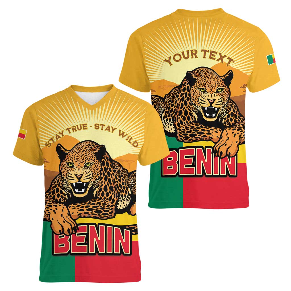 Personalised Benin Leopard Women V-Neck T-Shirt Stay True - Stay Wild