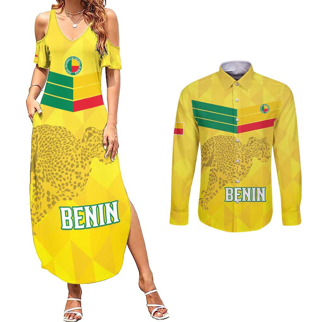 Custom Benin Football Couples Matching Summer Maxi Dress and Long Sleeve Button Shirt Go Cheetahs
