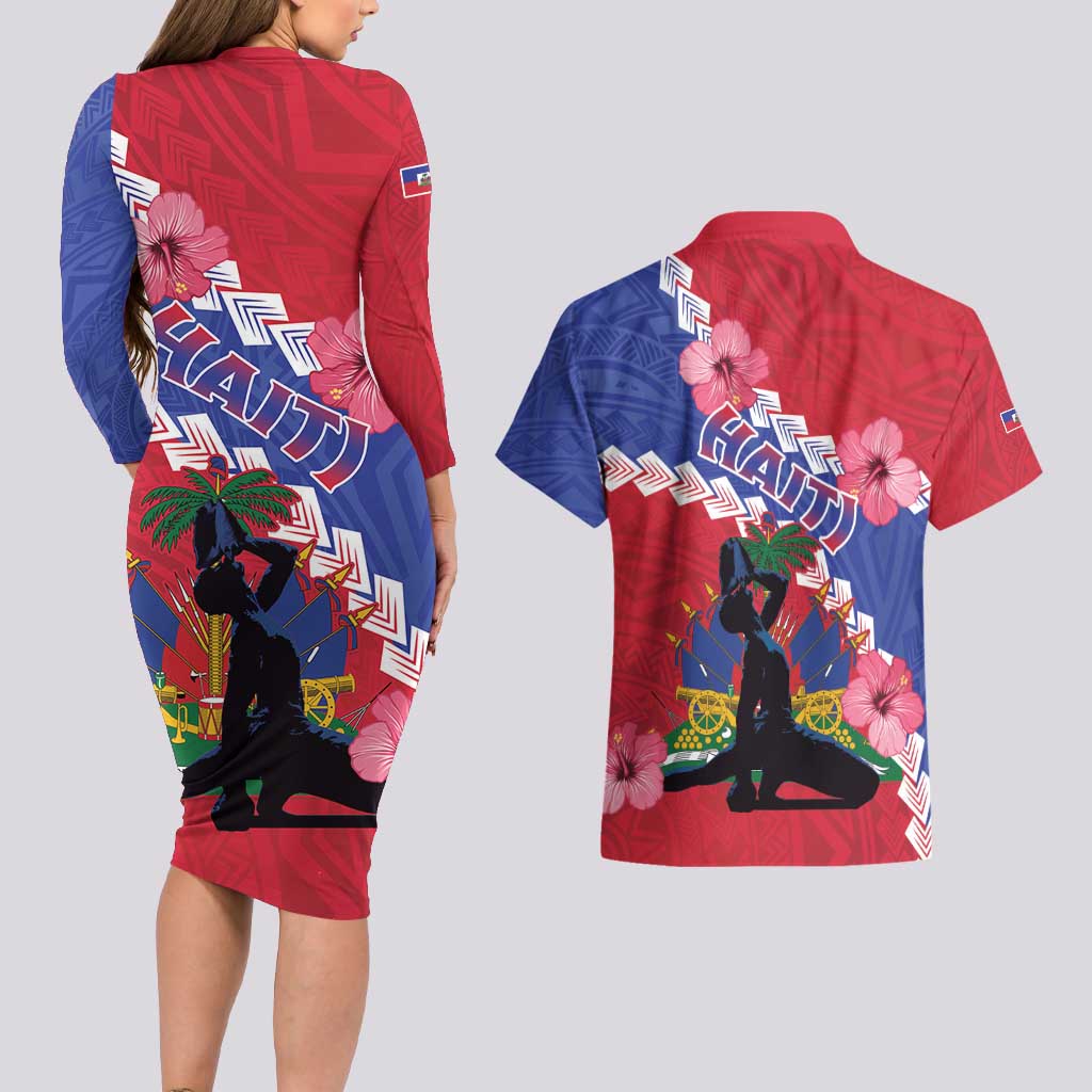 Haiti Couples Matching Long Sleeve Bodycon Dress and Hawaiian Shirt Neg Maron Polynesian