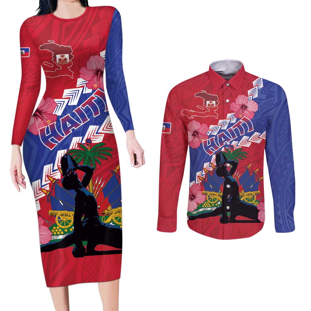 Haiti Couples Matching Long Sleeve Bodycon Dress and Long Sleeve Button Shirt Neg Maron Polynesian