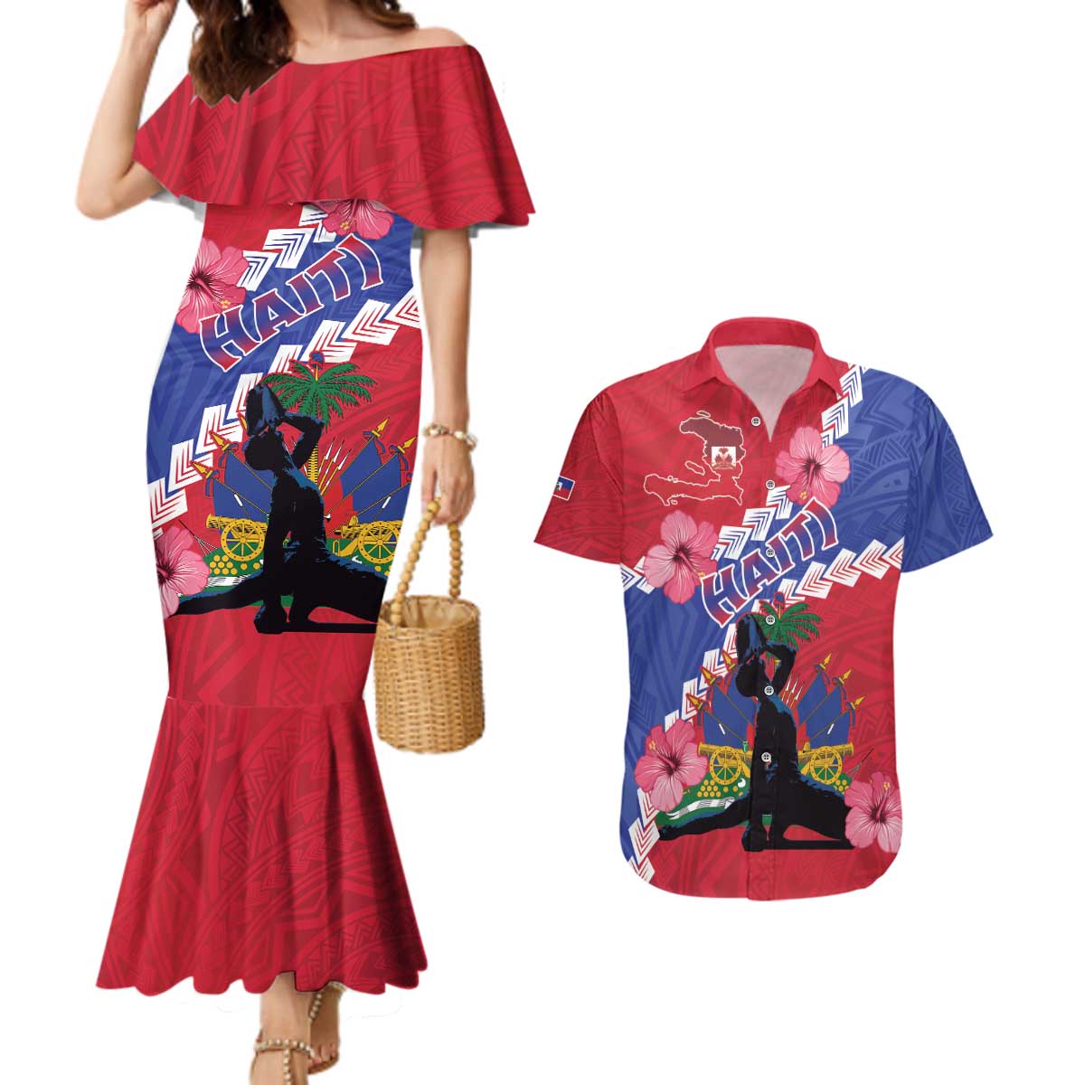 Haiti Couples Matching Mermaid Dress and Hawaiian Shirt Neg Maron Polynesian