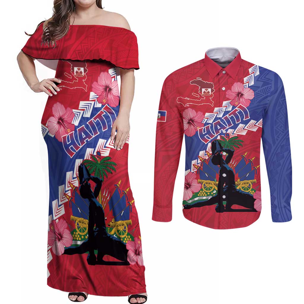 Haiti Couples Matching Off Shoulder Maxi Dress and Long Sleeve Button Shirt Neg Maron Polynesian