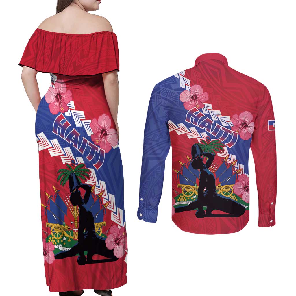 Haiti Couples Matching Off Shoulder Maxi Dress and Long Sleeve Button Shirt Neg Maron Polynesian