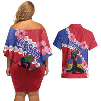 Haiti Couples Matching Off Shoulder Short Dress and Hawaiian Shirt Neg Maron Polynesian