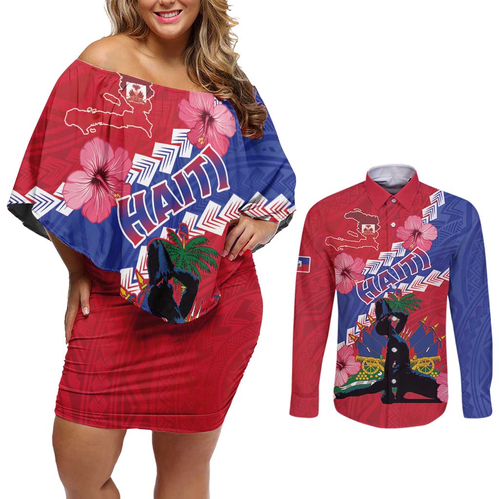 Haiti Couples Matching Off Shoulder Short Dress and Long Sleeve Button Shirt Neg Maron Polynesian