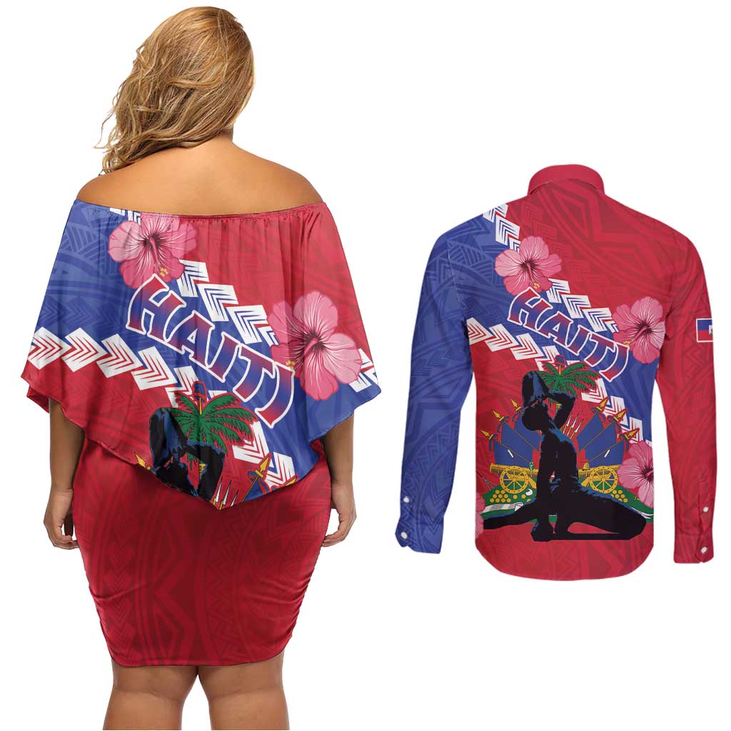 Haiti Couples Matching Off Shoulder Short Dress and Long Sleeve Button Shirt Neg Maron Polynesian