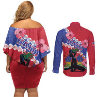 Haiti Couples Matching Off Shoulder Short Dress and Long Sleeve Button Shirt Neg Maron Polynesian