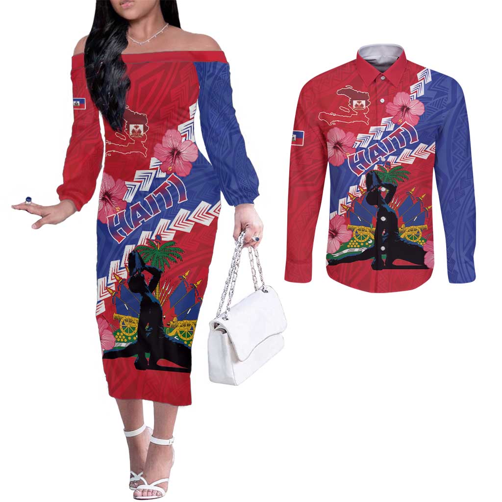 Haiti Couples Matching Off The Shoulder Long Sleeve Dress and Long Sleeve Button Shirt Neg Maron Polynesian