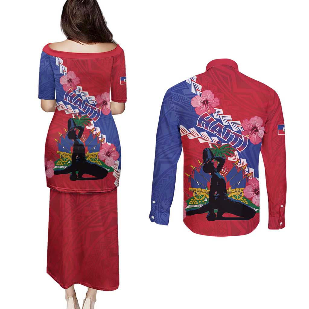 Haiti Couples Matching Puletasi and Long Sleeve Button Shirt Neg Maron Polynesian