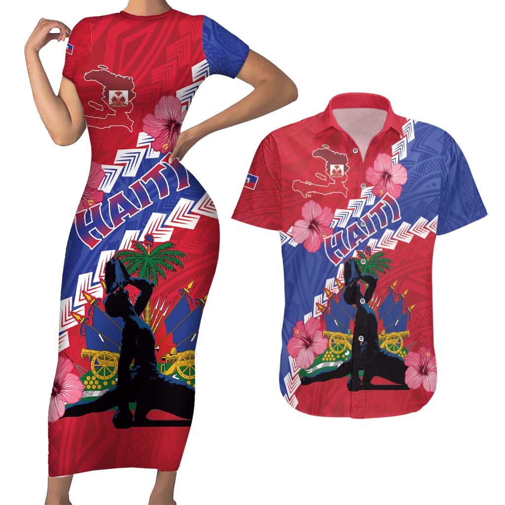 Haiti Couples Matching Short Sleeve Bodycon Dress and Hawaiian Shirt Neg Maron Polynesian