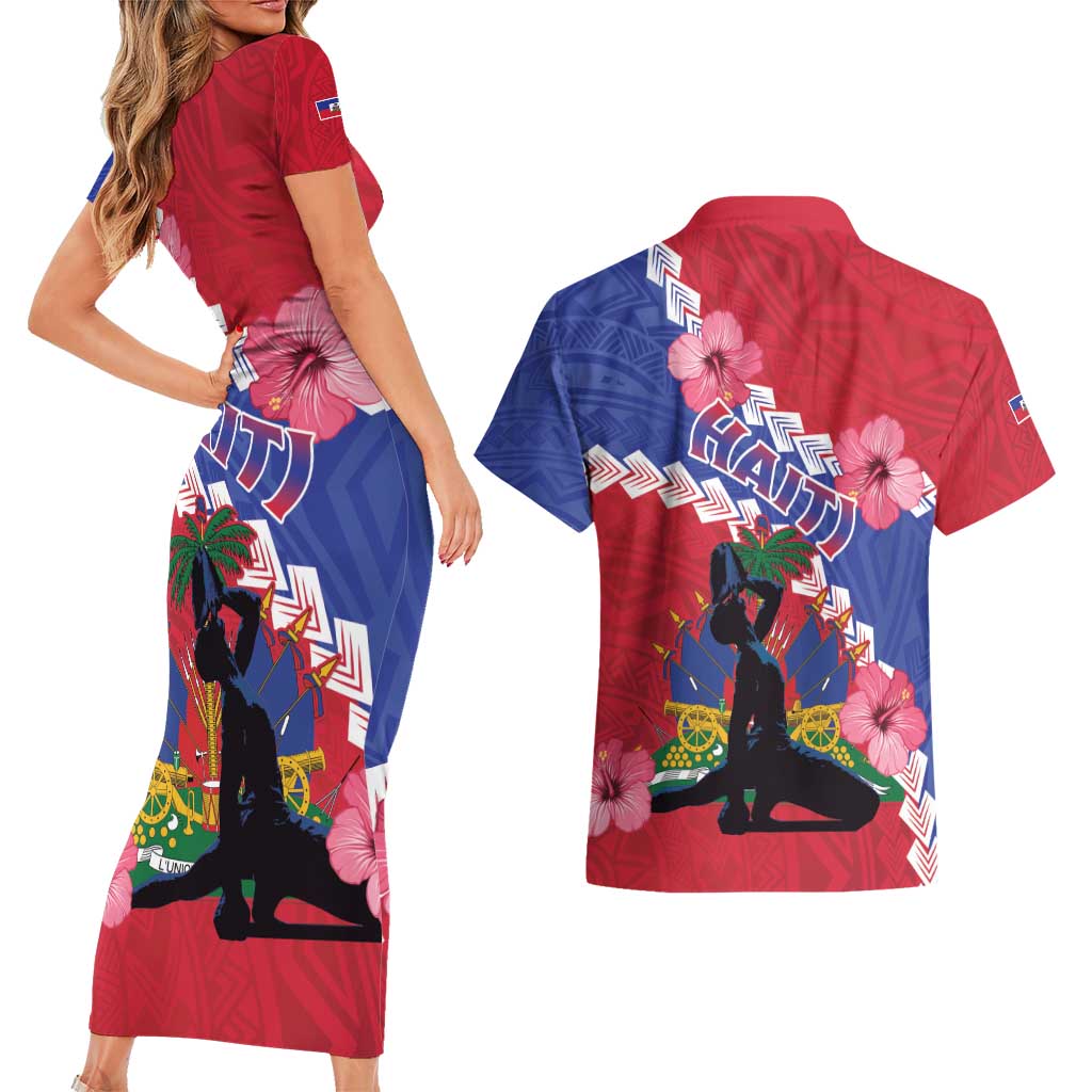 Haiti Couples Matching Short Sleeve Bodycon Dress and Hawaiian Shirt Neg Maron Polynesian