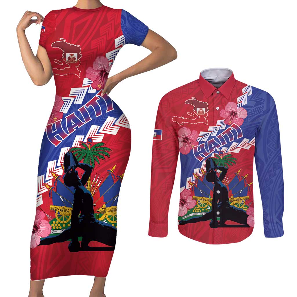 Haiti Couples Matching Short Sleeve Bodycon Dress and Long Sleeve Button Shirt Neg Maron Polynesian