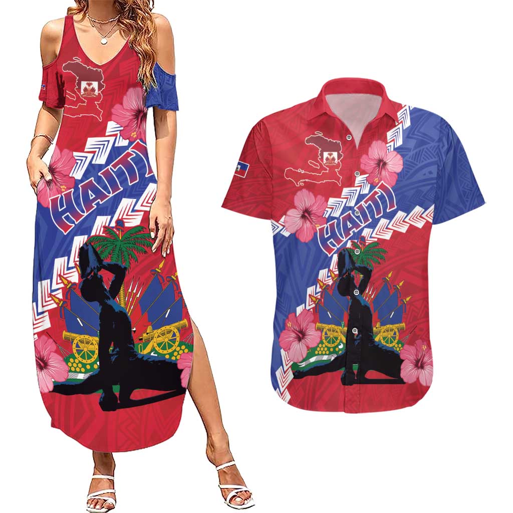 Haiti Couples Matching Summer Maxi Dress and Hawaiian Shirt Neg Maron Polynesian