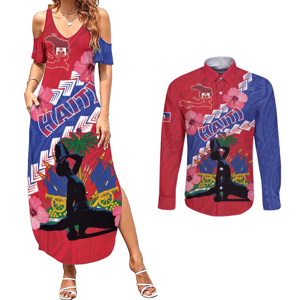 Haiti Couples Matching Summer Maxi Dress and Long Sleeve Button Shirt Neg Maron Polynesian