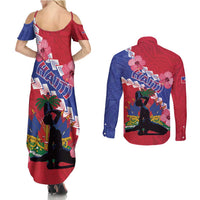 Haiti Couples Matching Summer Maxi Dress and Long Sleeve Button Shirt Neg Maron Polynesian