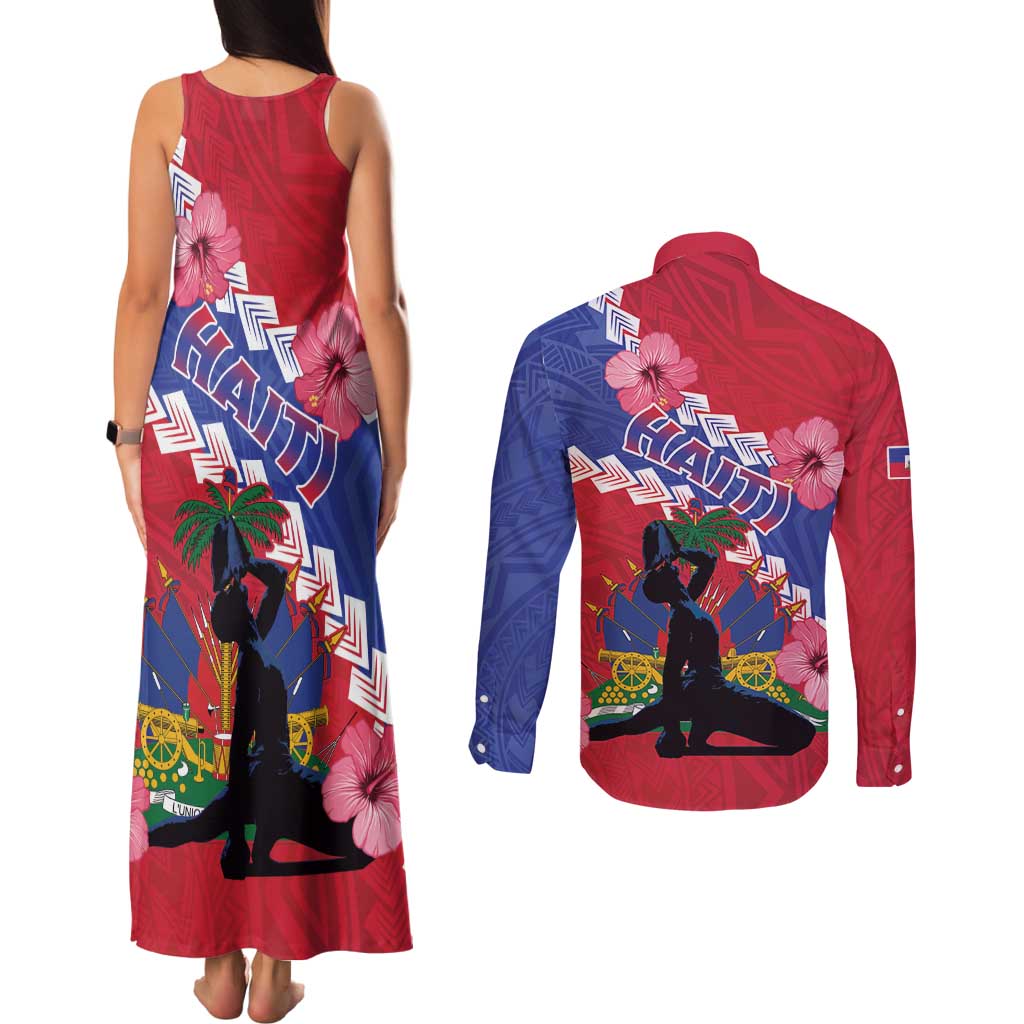 Haiti Couples Matching Tank Maxi Dress and Long Sleeve Button Shirt Neg Maron Polynesian
