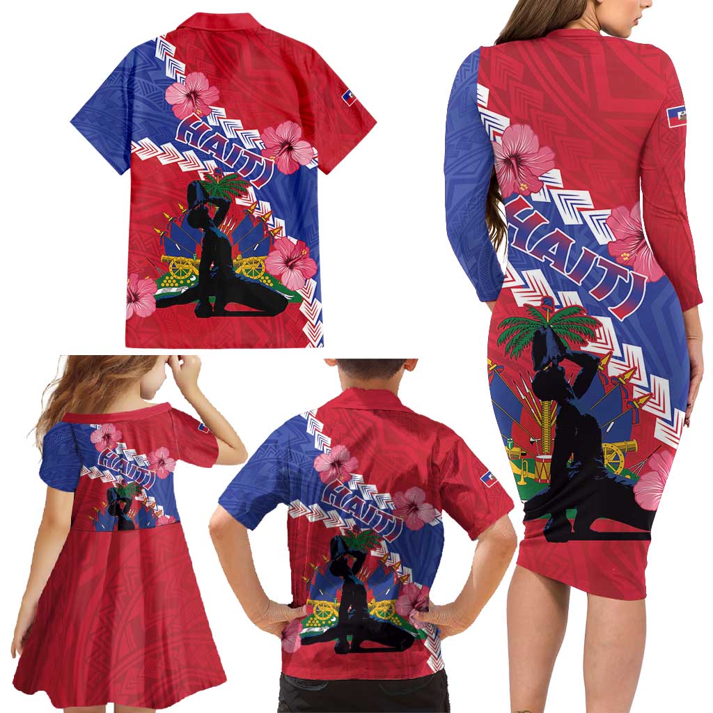 Haiti Family Matching Long Sleeve Bodycon Dress and Hawaiian Shirt Neg Maron Polynesian